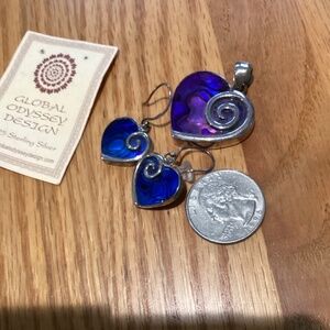 Abalone and 925 silver handcrafted heart pendant, and earrings set New w tag